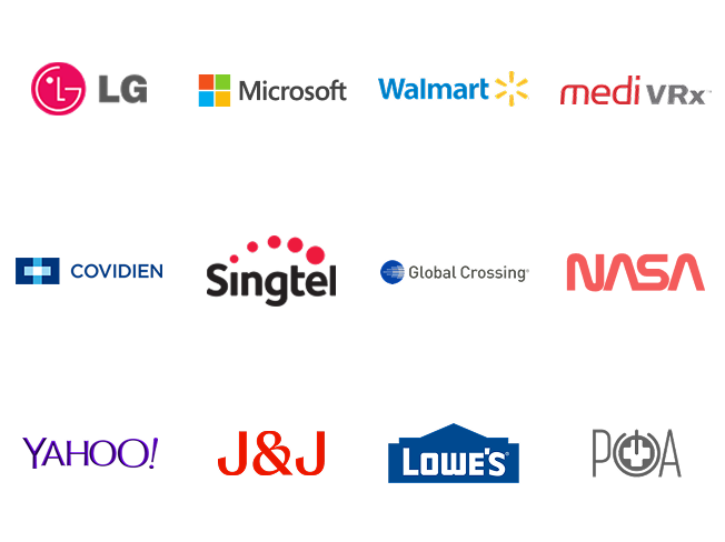 Companies Brian Pollack has worked with, including LG, Microsoft, Walmart, Medi VRx, Covidien, Singtel, Global Crossing, NASA, Yahoo!, Johnson & Johnson, Lowe's, and POA.